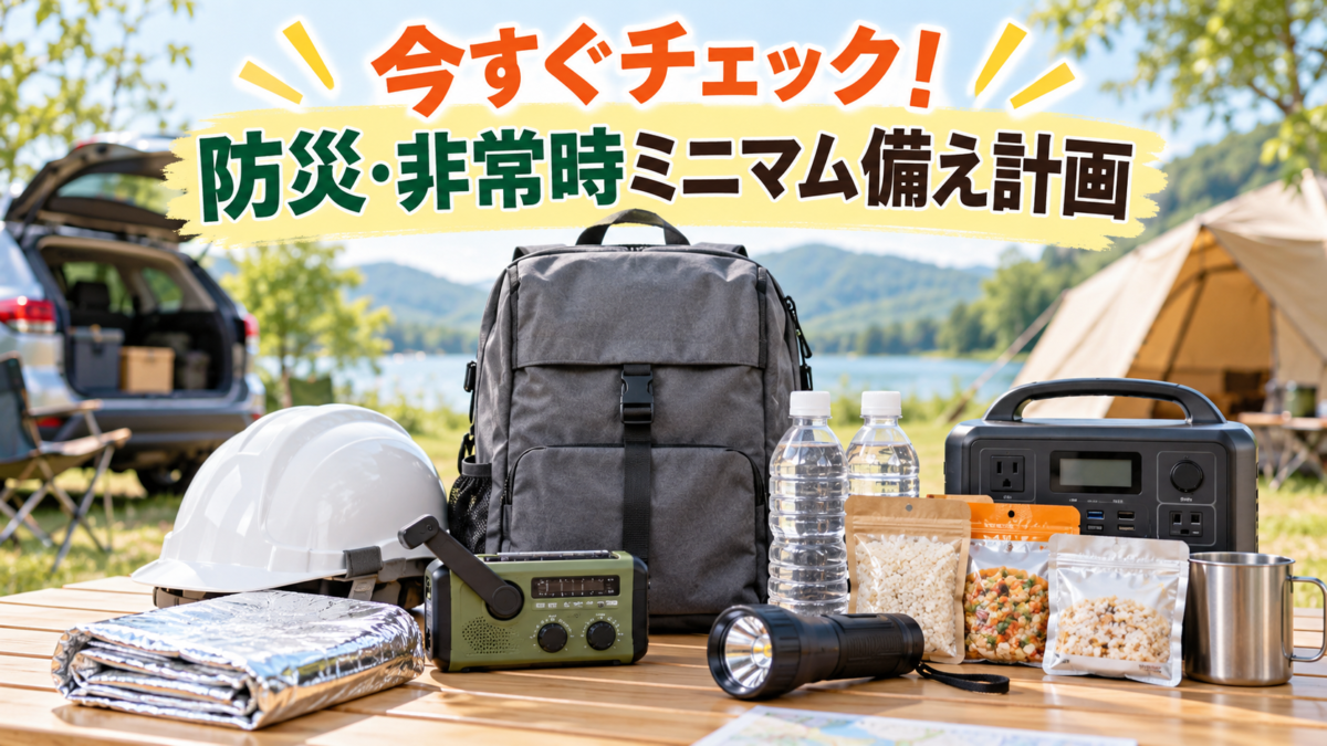防災リュック・ヘルメット・ラジオ・非常食・ポータブル電源を並べ、「今すぐチェック！防災・非常時ミニマム備え計画」と入ったアイキャッチ画像