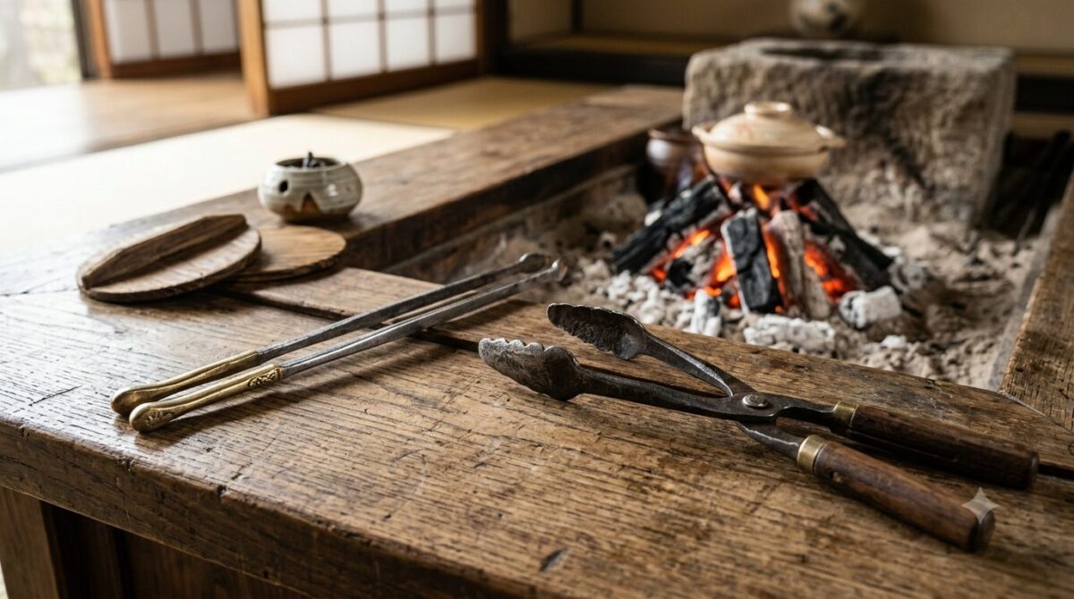 伝統的な日本の囲炉裏の横に、使い込まれた火箸と火挟みが並べて置かれている。