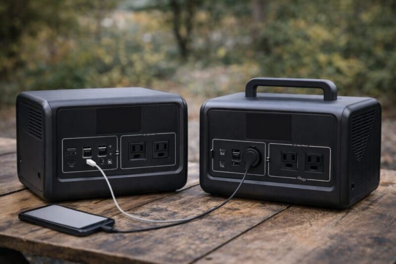 似たサイズのポータブル電源2台を屋外テーブルに並べ、端子配置や形状の違いを比較しているイメージ