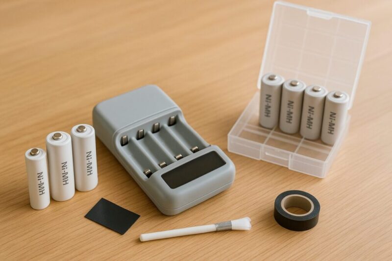 低自己放電NiMH、スマート充電器、保管ケースの3点セットイメージ