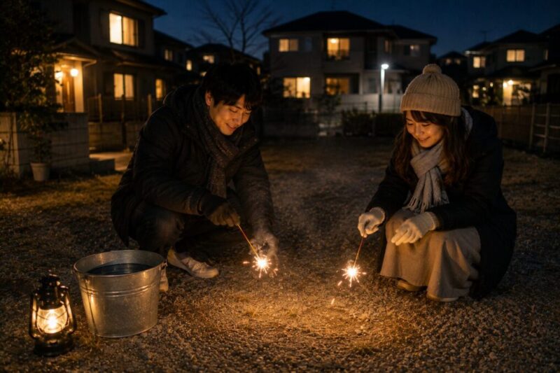 住宅街で音と煙に配慮しながら静かに線香花火を楽しむ大人たち