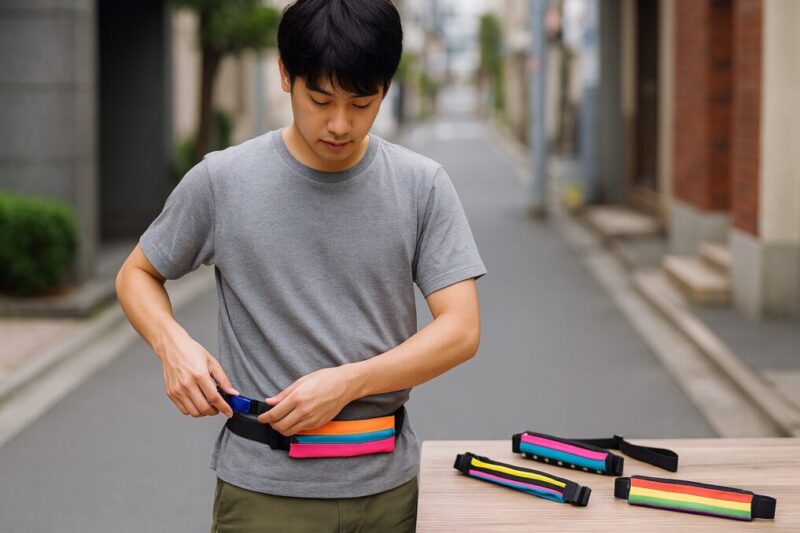 住宅街の路上で日本人男性がカラフルな無地と柄のウエストポーチを装着し、脇のテーブルに色違いのポーチが並ぶ様子。