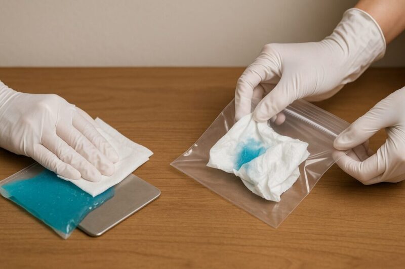 使い捨て手袋で保冷剤の漏れを拭き取り、紙タオルを密閉袋に入れて処理する手順の静物写真。