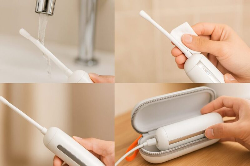 使用後のノズルを水洗いし、アルコールで拭き、乾燥させてケースへしまうまでの手順イメージ。