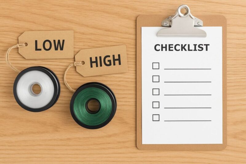 価格の異なる2つのPEラインスプールとチェックリストを並べて、安いラインと高いラインを比較しながら品質を見極めるイメージ