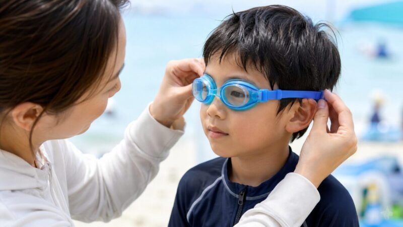 保護者が子どもの水色ゴーグルを顔に合わせて調整している様子