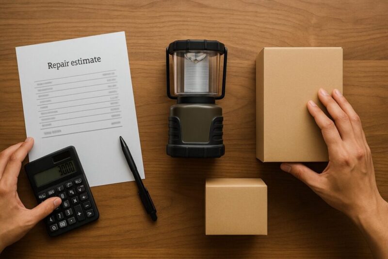 修理見積と電卓、新品箱と無地ランタンを並べ、修理と買い替えを比較しているイメージ。