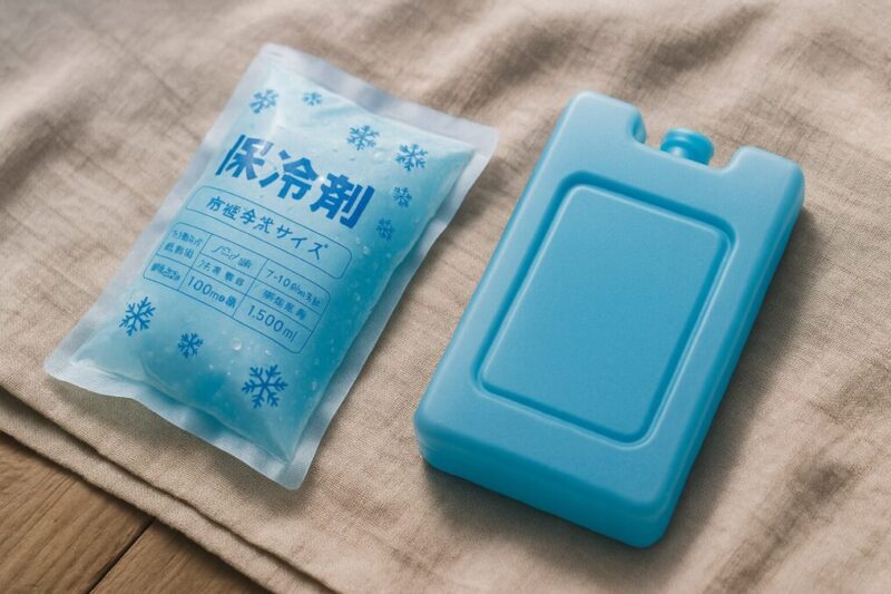 倍速凍結系のソフト保冷剤とブロック型のハード保冷剤を布の上で比較した写真
