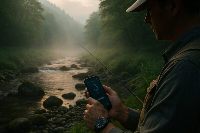 入渓前に時間帯と天候を確認して安全に釣行計画を立てるイメージ