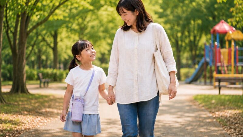 公園でかわいい柄のペットボトルホルダーを身につけた子どもと母親が歩く様子