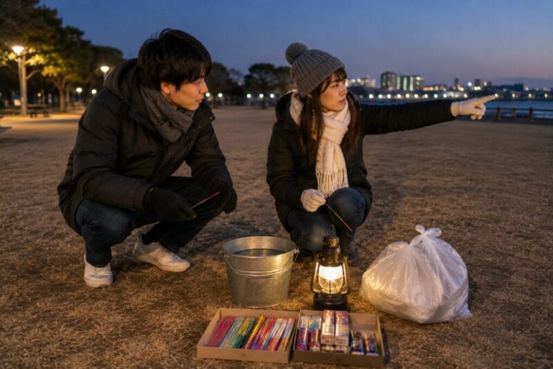 公園で手持ち花火を始める前に周囲と持ち物を確認する大人たち
