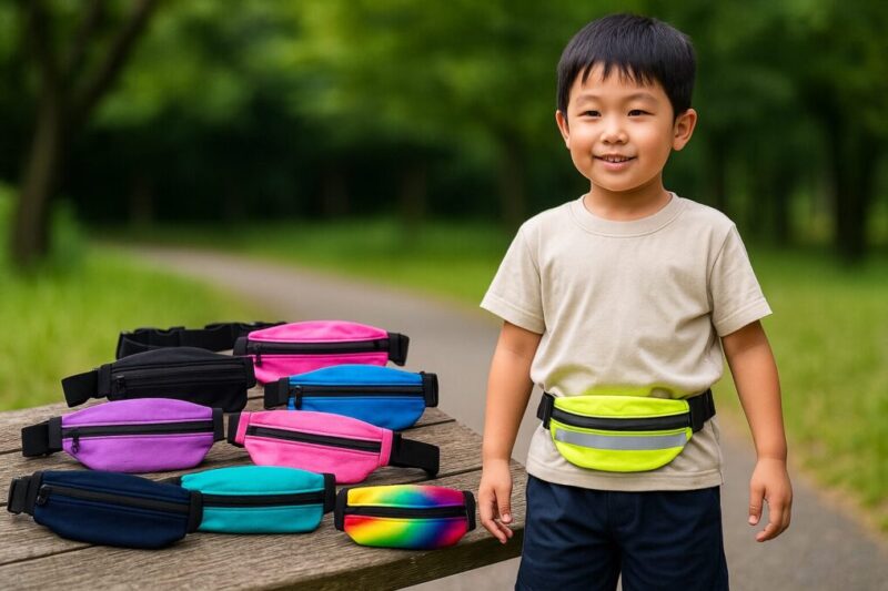 公園で日本人の男の子が反射バンド付きの小型ポーチを装着し、前のテーブルに色違いのポーチが並ぶ様子を捉えた写真。