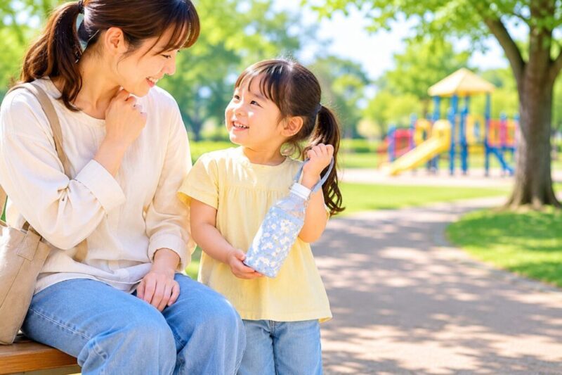 公園で短いストラップ付きのペットボトルを持ち歩く親子の様子