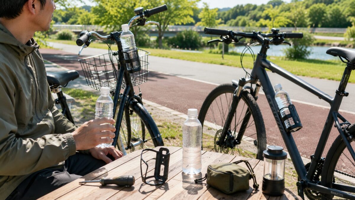 公園のサイクリングロードで自転車用ペットボトルホルダーを使い、休憩中に水分補給する様子