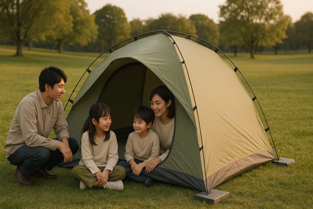 公園や舗装でテントをペグなし固定する基本レイアウト。