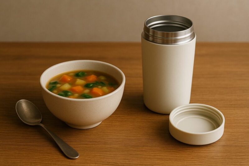 具材入りスープと真空マグを並べて、スープを持ち運ぶイメージを表現した写真。