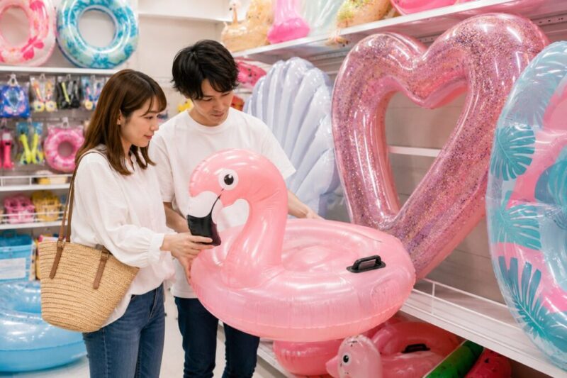 写真映えする大型フロートのサイズ感を売り場で確認するカップルの様子