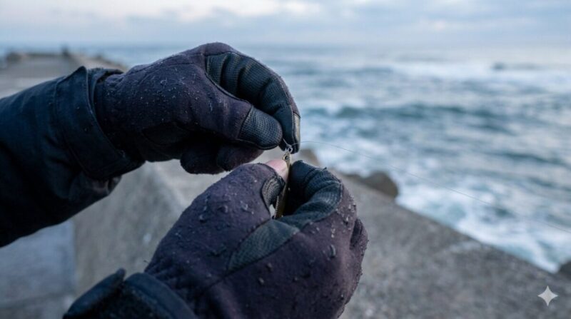 冬の堤防で濡れた手袋を使い、釣り糸を結ぶ釣り人の手元。