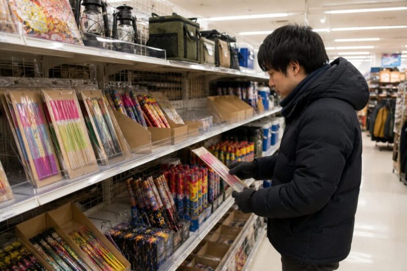 冬の大型店で手持ち花火の在庫を探す人
