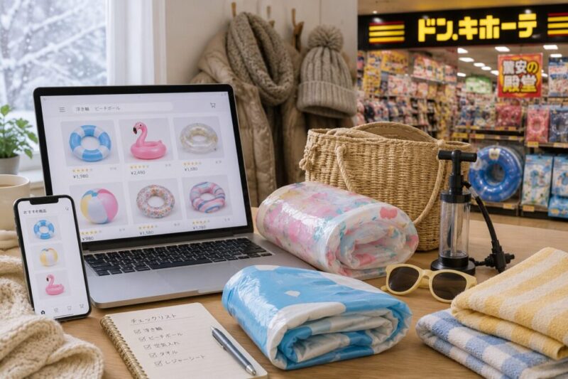 冬の室内で通販や店舗在庫を見ながら浮き輪と水遊び用品を探すイメージ