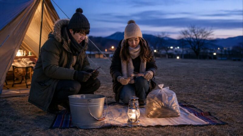 冬の屋外で手持ち花火を始める前に持ち物を確認する男女