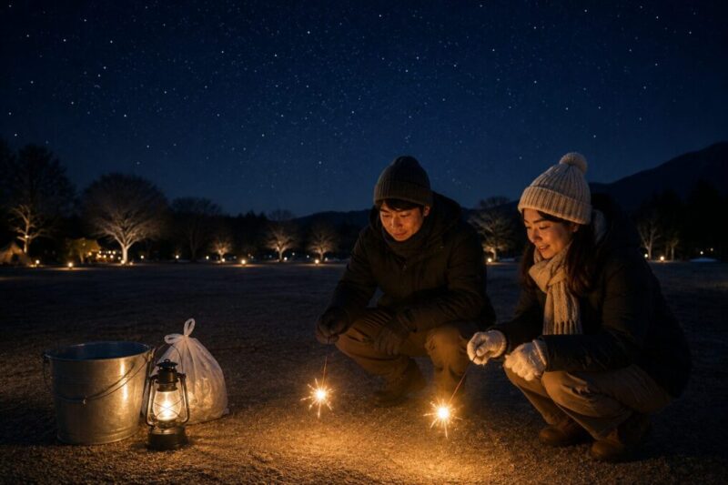 冬の澄んだ夜空の下で線香花火を楽しむカップル