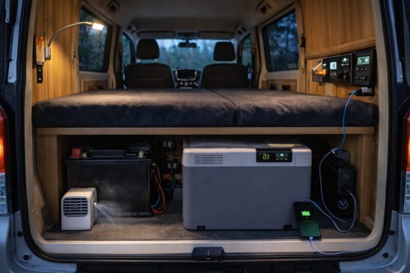 冷蔵庫や照明、冷房、充電設備をまとめた車中泊向けの実用レイアウト