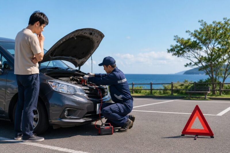 出先でエンジンがかからない車を安全に点検する様子