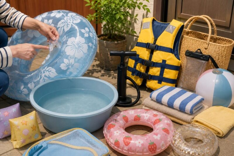 出発前に浮き輪の空気漏れとライフジャケットなどの水遊び用品を確認するイメージ
