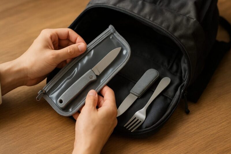 刃物をケースに入れてバッグの奥に安全に収納するイメージ