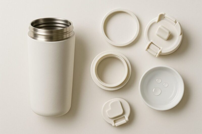 分解した真空マグのパーツを並べて漏れやすい箇所を確認している様子。