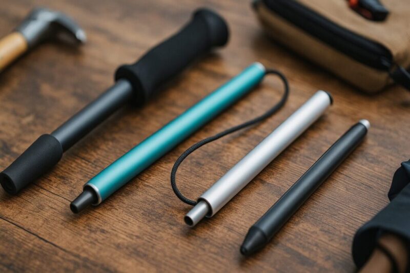 分解して並べたトレッキングポールのシャフトと内部コード、背景にぼかして写るハンマーなどの工具。