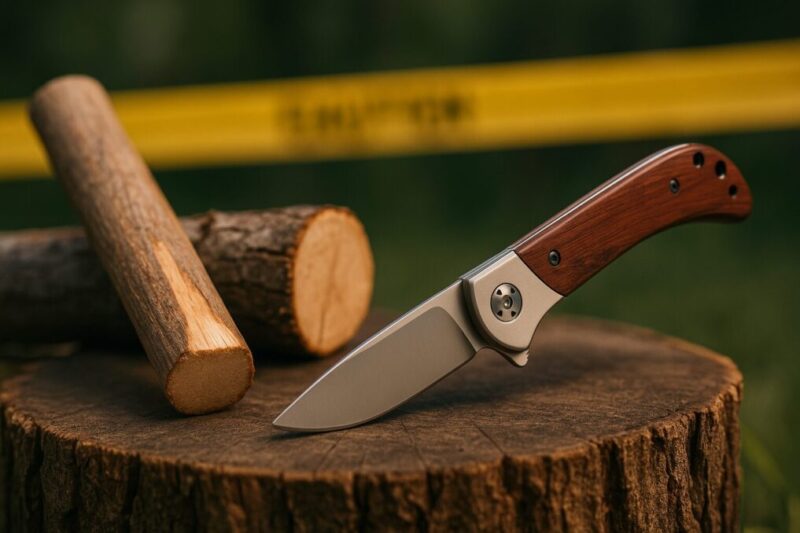 切り株の上に折りたたみナイフと薪が離れて置かれた静物写真。折りたたみでのバトニングが非推奨であることを示唆する構図