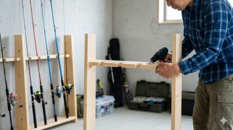 初心者向けの簡単な釣竿立てDIYの手順イメージ