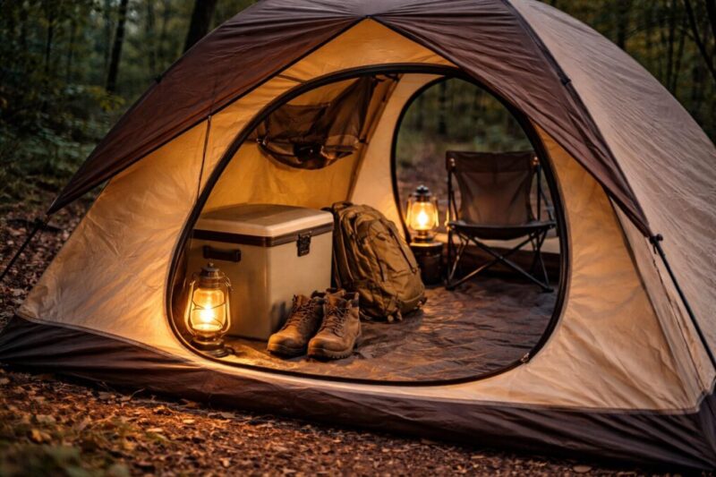 前室に荷物を整理して置けるソロテントの実用的なレイアウト