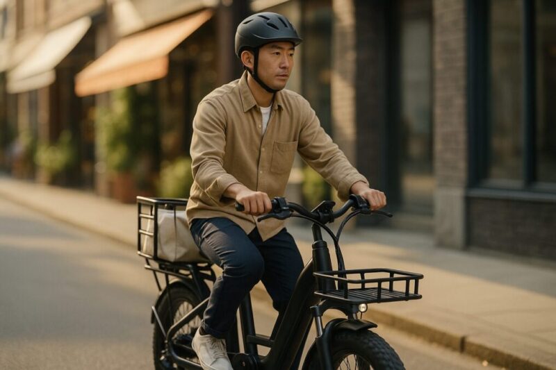 前後ラック装着で街中を走るイメージ