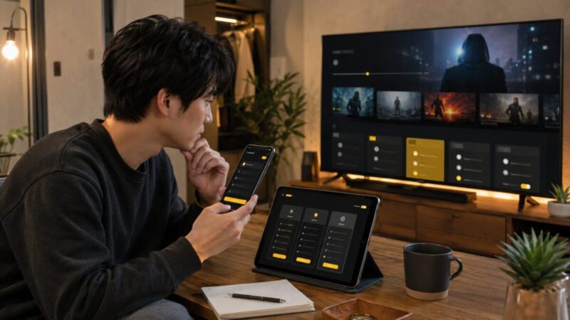 動画配信サービスの料金や機能を、スマホ・タブレット・テレビで比較している男性。