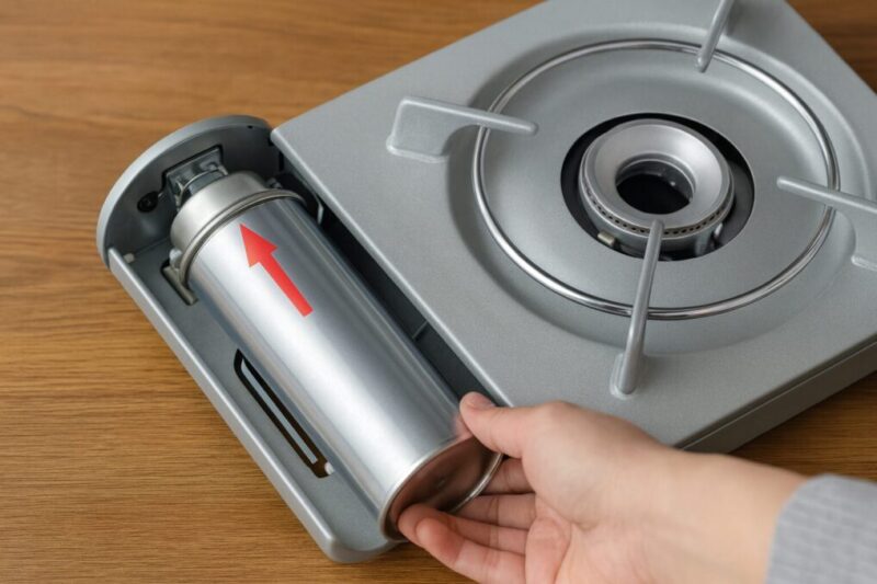 卓上カセットコンロのガス室へ、切り欠きを受け金具に合わせてCB缶を正方向で装着する手元のクローズアップ