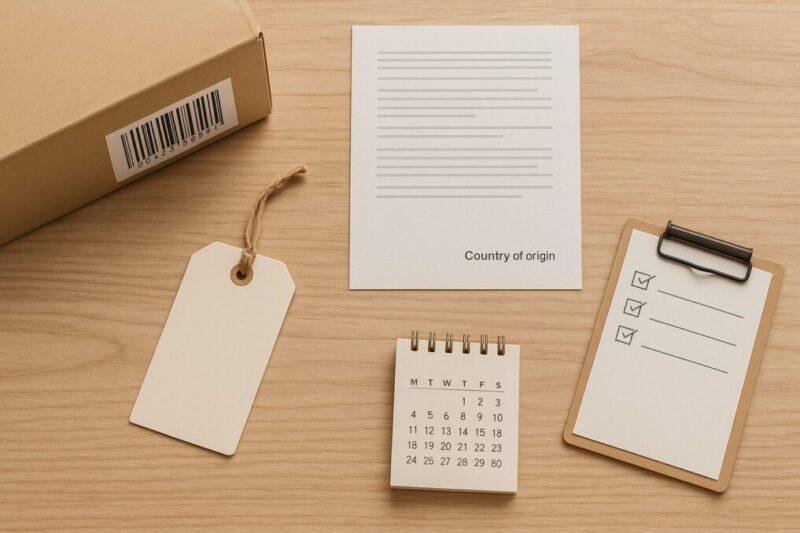 原産国表示と信頼性チェックの要点を示すフラットレイ。