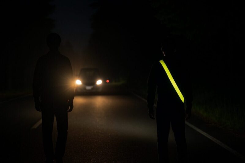 反射タスキの有無による夜間の見え方の違いを示したイメージ。