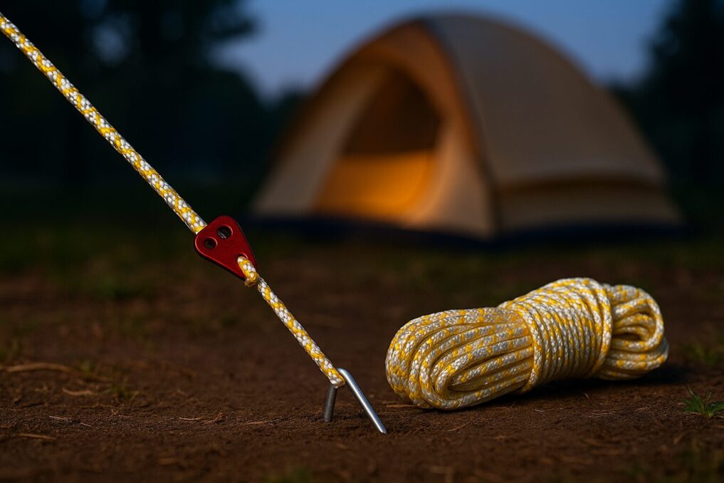 反射糸入りのガイロープが45度でペグに張られ、手前に三穴自在とスプール状ロープを置いた夕暮れのキャンプ風景