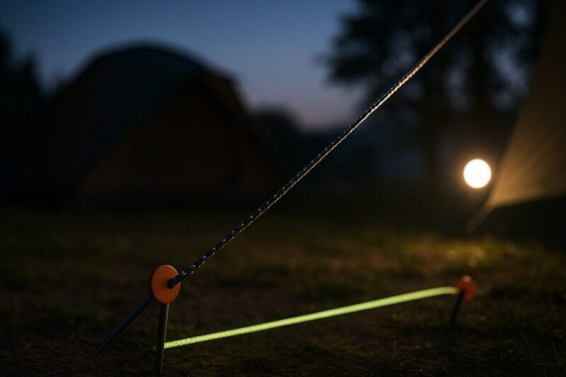 反射糸入りロープがライトで光り、夜光ロープとペグマーカーで夜の視認性を高めた夕暮れのキャンプ設営例。