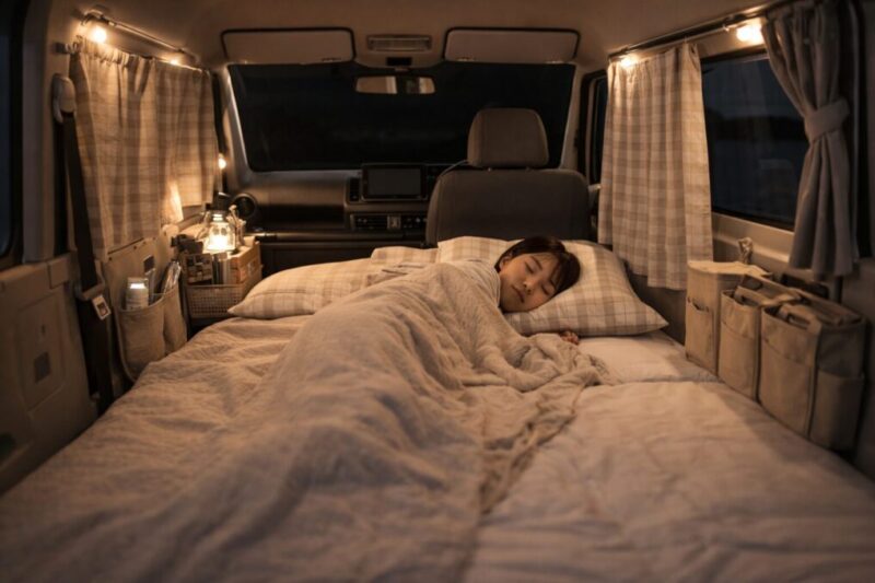 収納と目隠しと寝具が整った女子向け車中泊の車内紹介イメージ