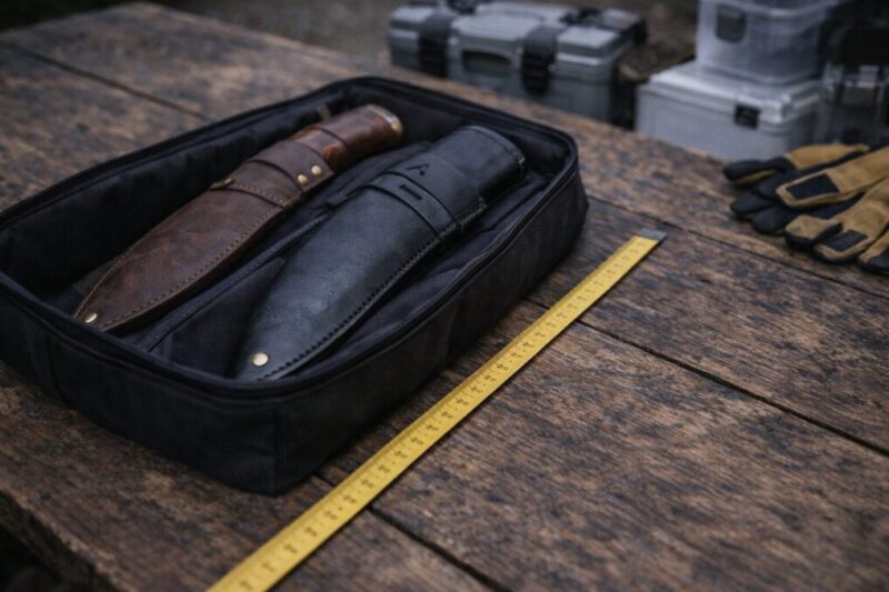 収納ケースとメジャーを並べて、サイズ感を確認しながら持ち運びを考えるイメージ