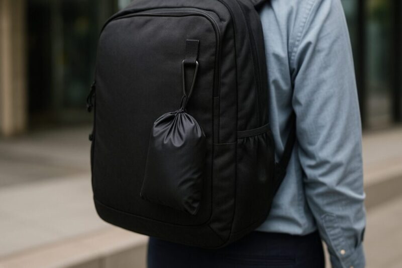 収納ポーチを通勤バッグのループに下げた携行イメージ