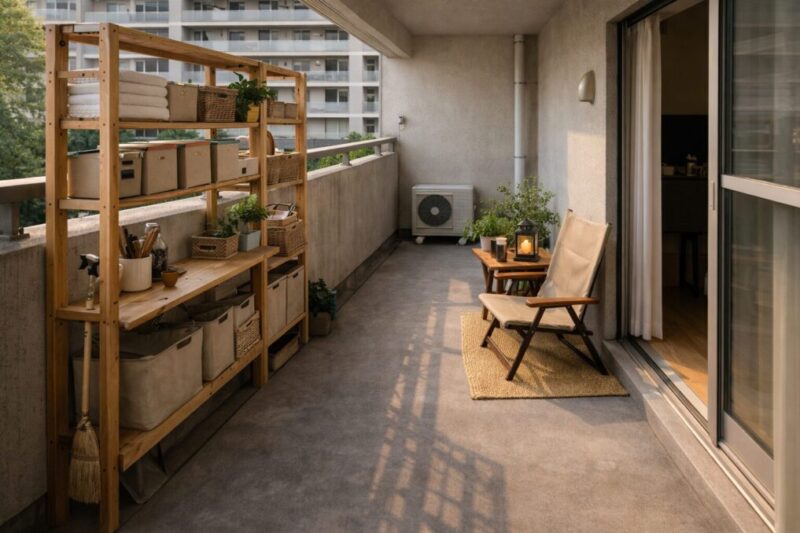 収納棚や整理箱を使って片付けやすく整えた団地ベランダDIYのイメージ