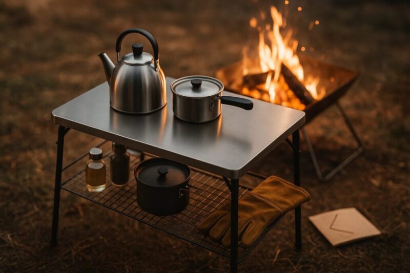 取り外し式パーツで収納性を維持した焚き火テーブルの携行イメージ。