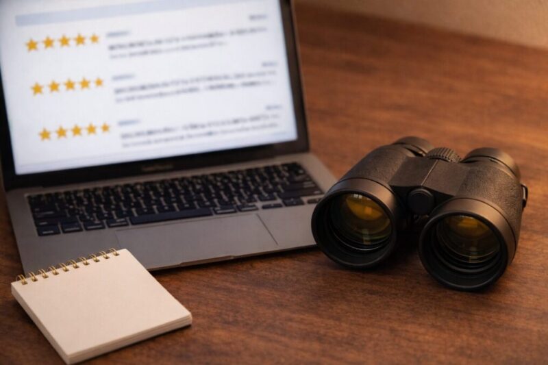 口コミを見ながら双眼鏡の失敗ポイントを確認しているイメージ