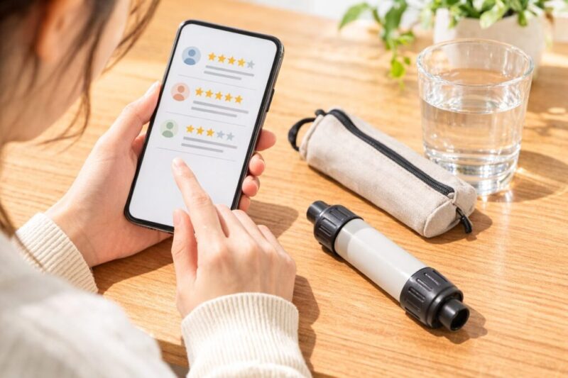 口コミを見比べながら携帯浄水器の購入を検討している手元のイメージ