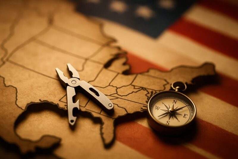 古地図の上に置かれた抽象的な工具とコンパス。背景に赤白青のぼかしが差し込み、ブランドの発祥と製造拠点を連想させる静物